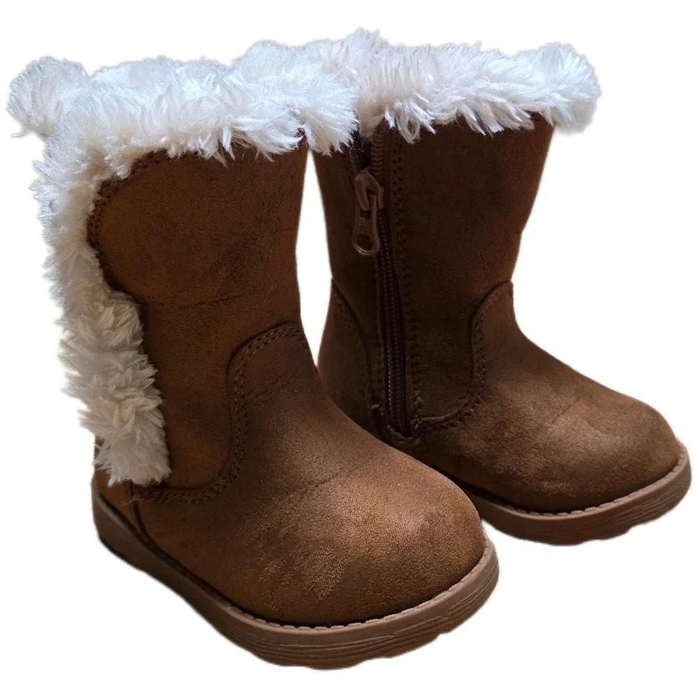 Cat & Jack Katrina Fleece Fashion Boots Girl's Size 5 Brown White Faux Fur Suede